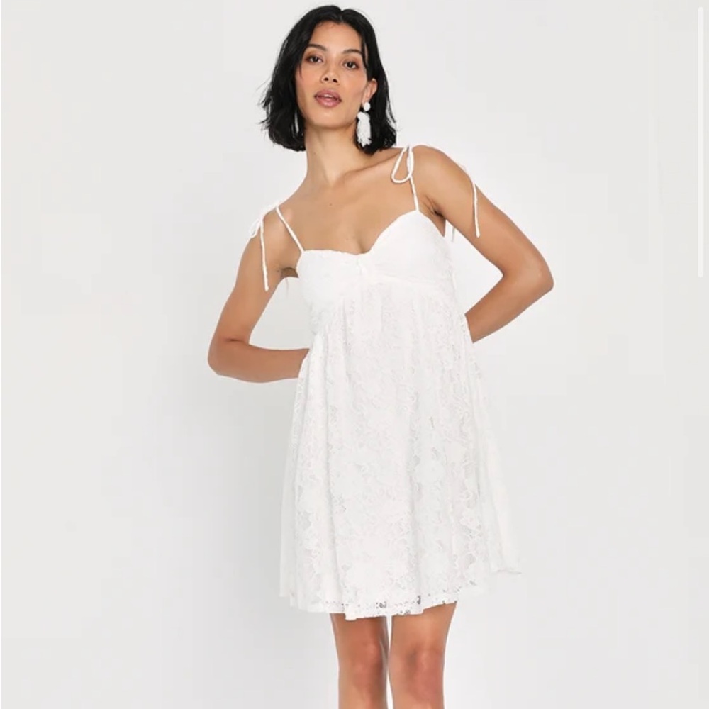 Lulus Angelic White Lace Tie-Shoulder Babydoll Mini Dress